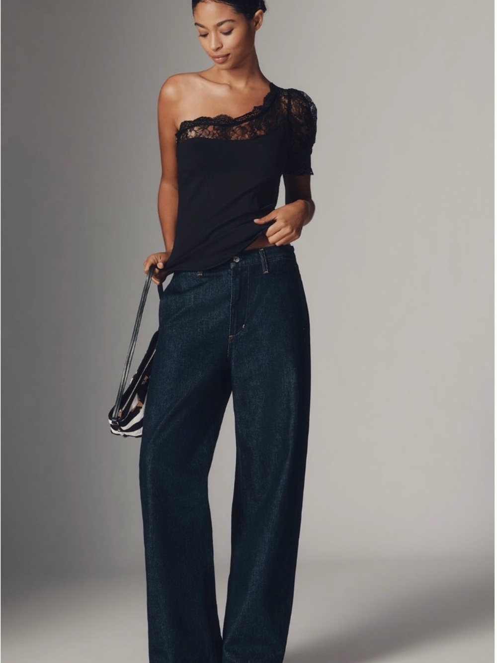 Anthropologie Maeve One-Shoulder Lace-Trimmed Top Black Sz M romantic - Picture 4 of 11